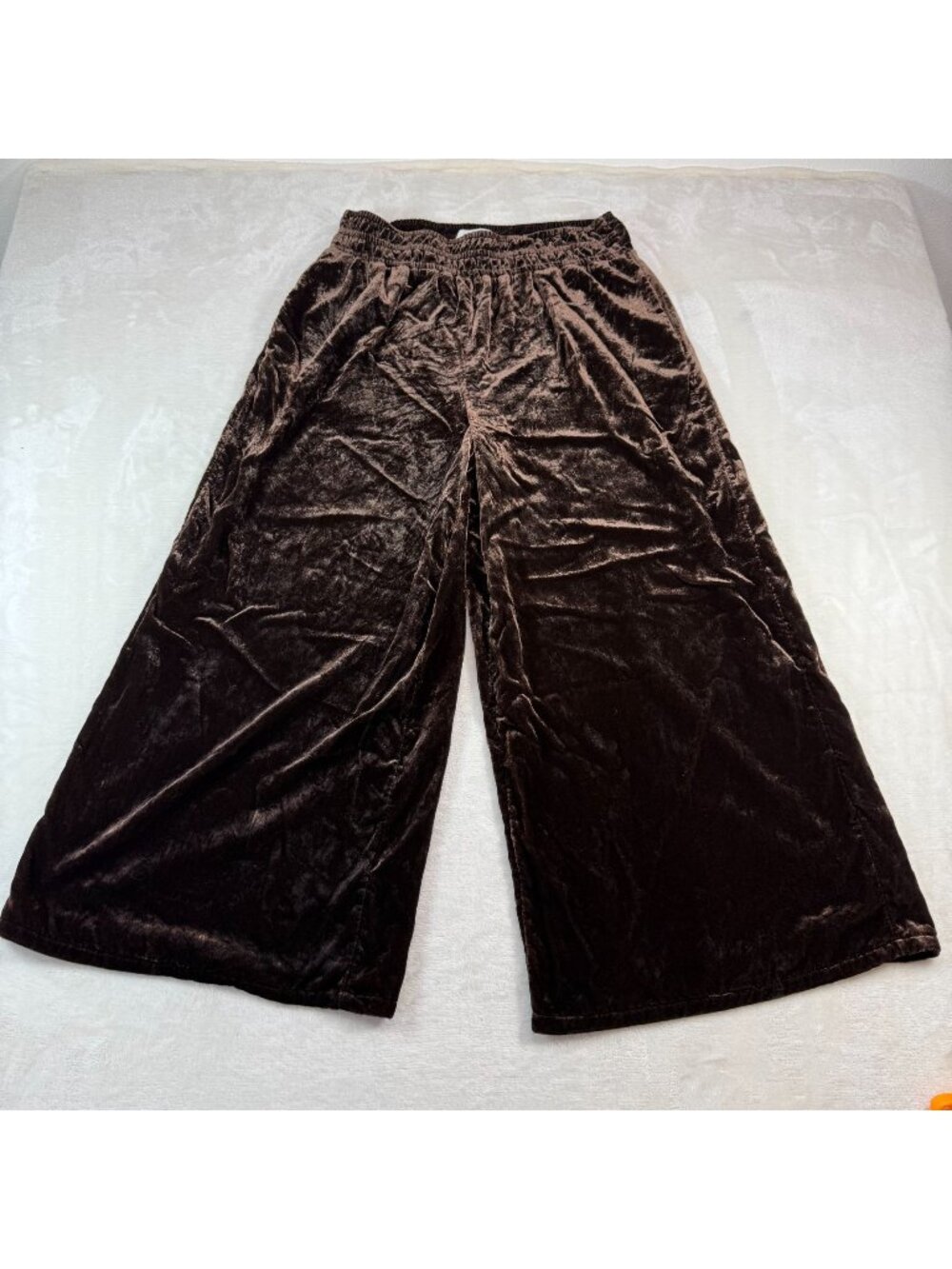 By Anthropologie The Somerset Pants M Cropped Brown Velvet Smocked Wide Leg